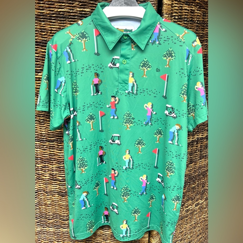 Tipsy Elves - 8 bit Birdie Green Golf Print Polo Shirt- Size: Medium
